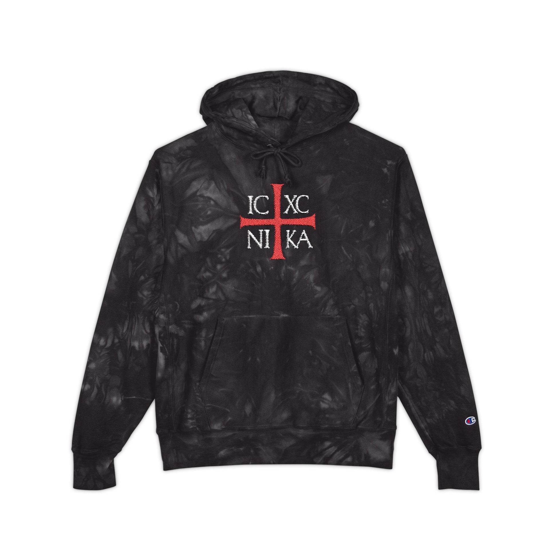 Black tie-dye heavy hoodie featuring an embroidered red cross and white "ICXC NIKA" text, inspired by Orthodox Christianity—Jesus Christ Conquers. Premium streetwear expressing the enduring love of God through Christ.