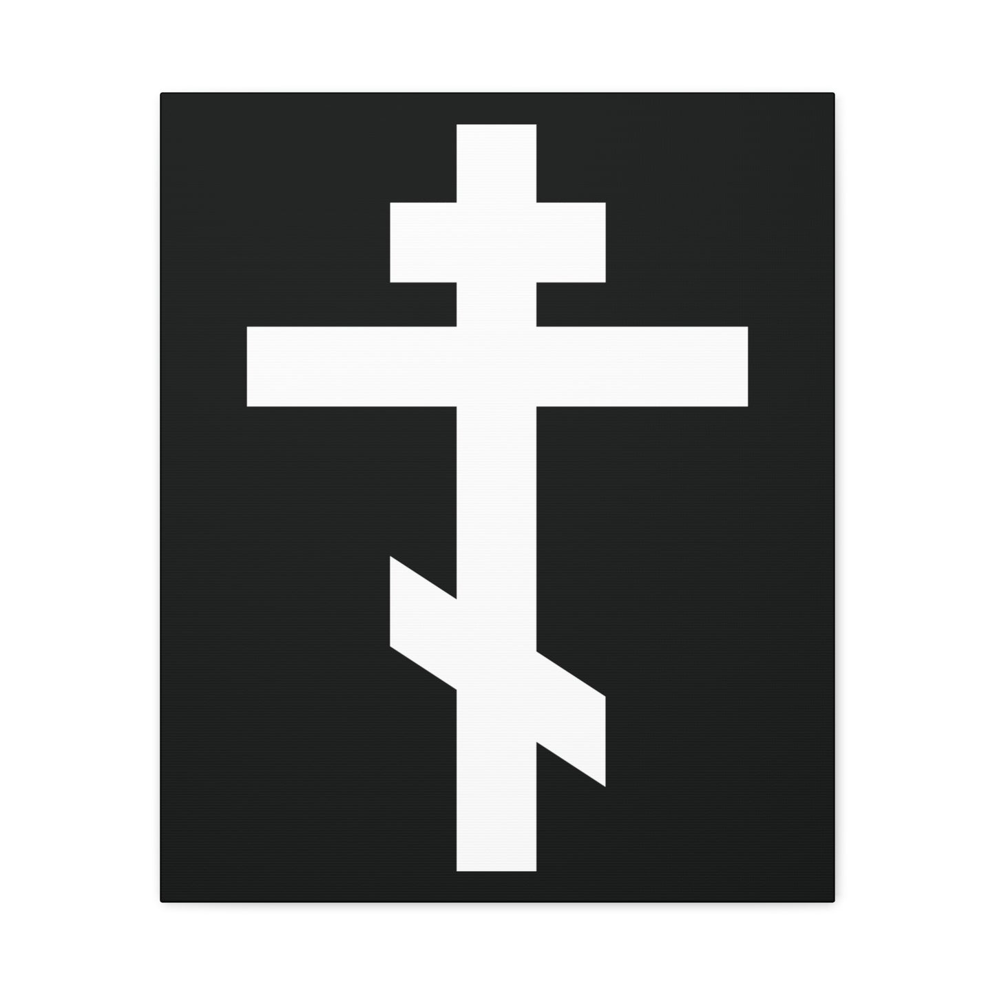 The "White Orthodox Cross" canvas art features a white Russian Orthodox cross, inspired by Galatians 6:14, boldly displayed on a solid black background.