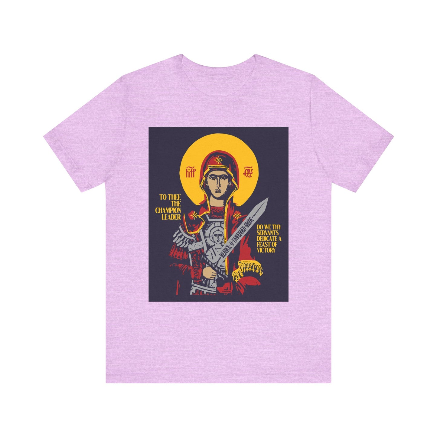 Heather Prism Lilac unisex tee: features an icon-style illustration of the Theotokos (Mother of God) with a sword and yellow halo, inspired by Orthodox Christian tradition. "To Thee the Champion Leader" design in lightweight cotton.