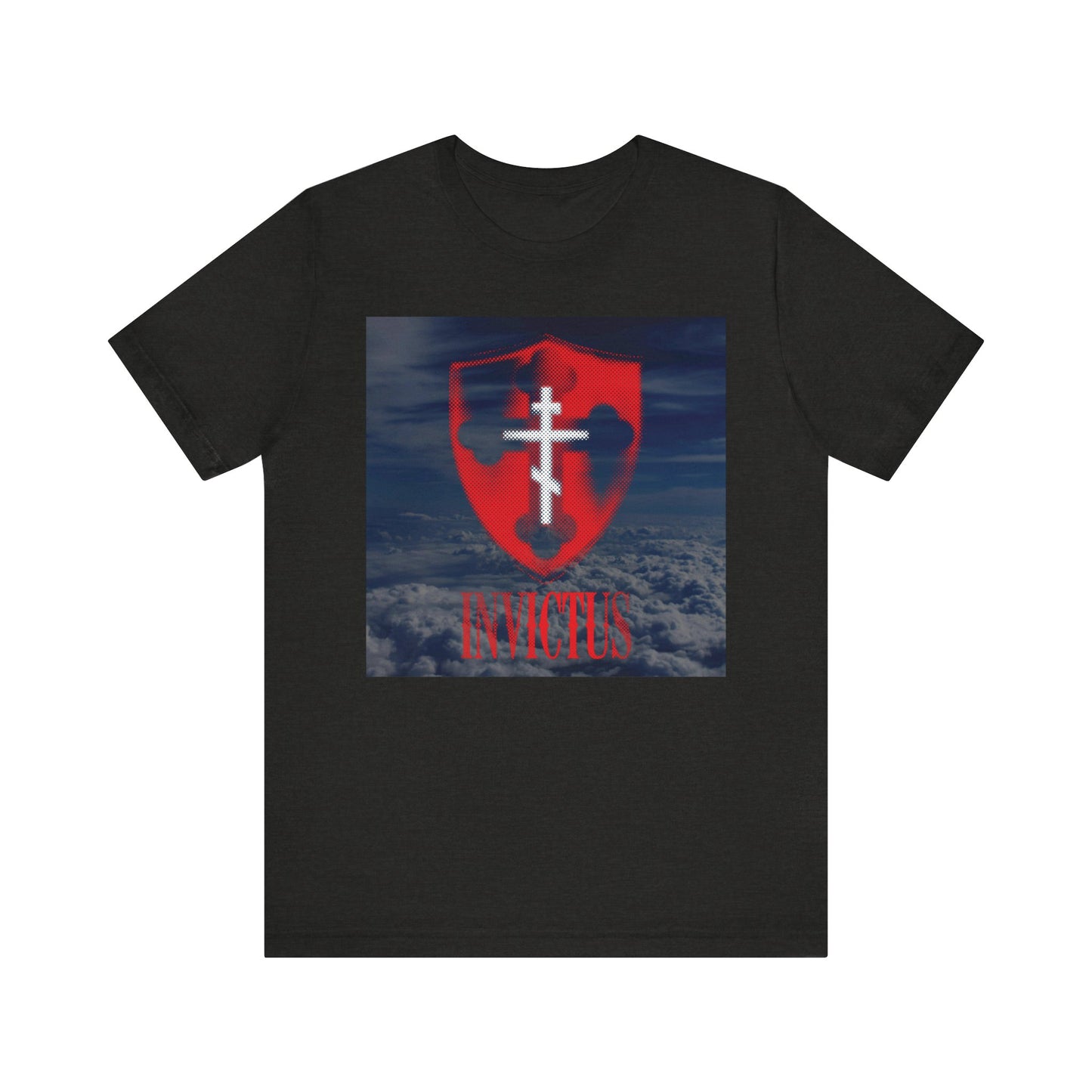 Black Heather Invictus White Orthodox Cross lightweight cotton unisex tee featuring a glowing red halftone shield and clouds background, with "Christ Unconquered" design—an homage to 1 Corinthians 15:54, symbolizing immortality and unwavering strength.