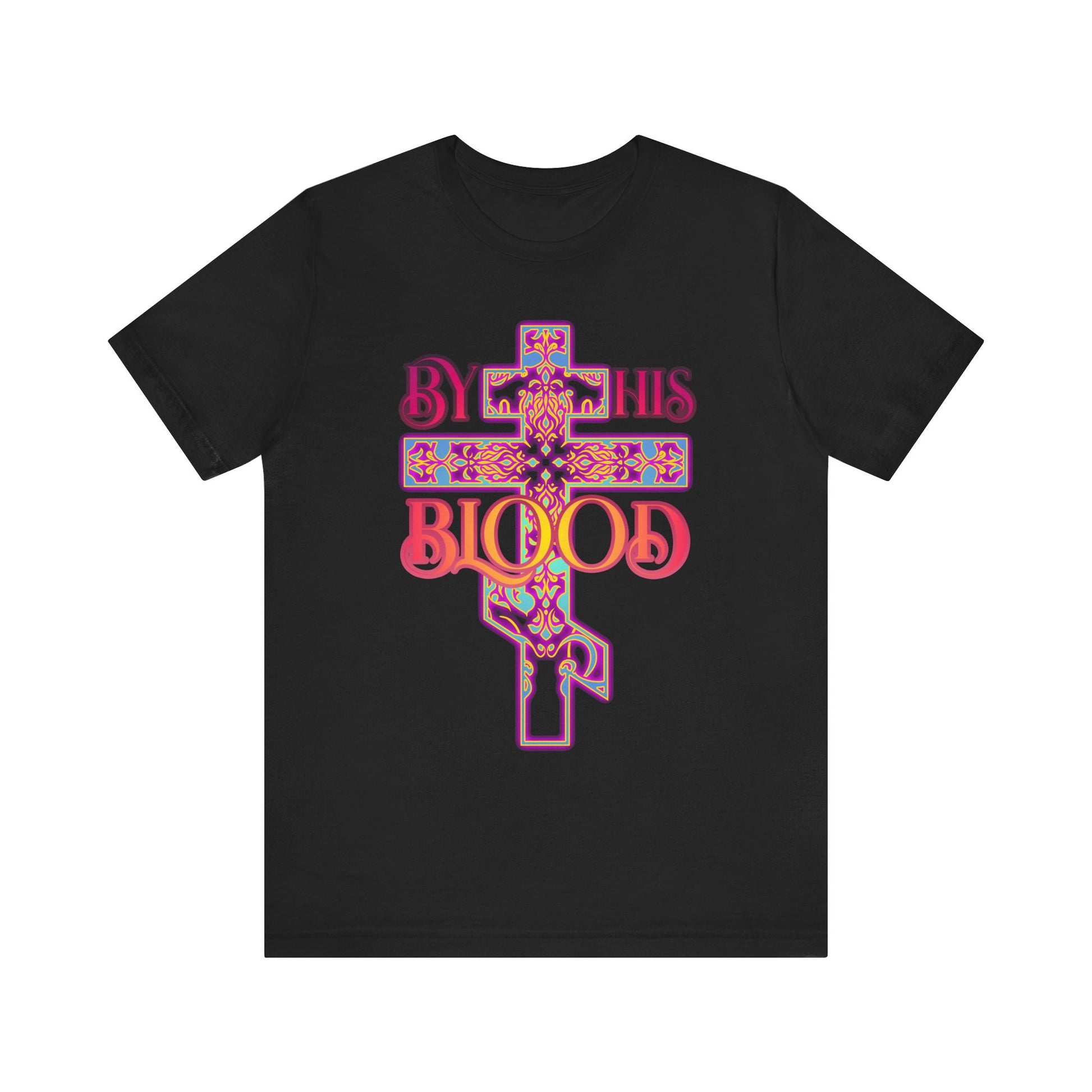 Black By His Blood tee featuring a glowing ornate Orthodox cross in an 80s color scheme; lightweight cotton unisex design that celebrates blood atonement and eternal redemption.