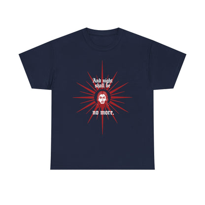 Navy And Night Shall Be No More (Rev 22:5) T-shirt featuring a red and white Jesus Christ iconographic face with text inspired by Revelation 22:5, Orthodox Christian design, heavy cotton.