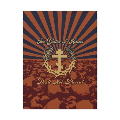 The Gates of Hades Shall Not Prevail | Cross with Wreath & Crown of Thorns | Skulls and Rays | Orthodox Christian Canvas Art