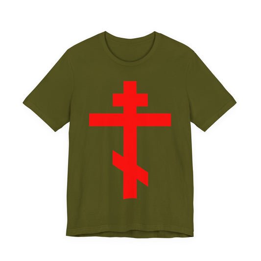 Red Orthodox Tribar Cross | Preserve Thy People By Thy Cross, O Lord | Christ is King | Christian Unisex Cotton Tee