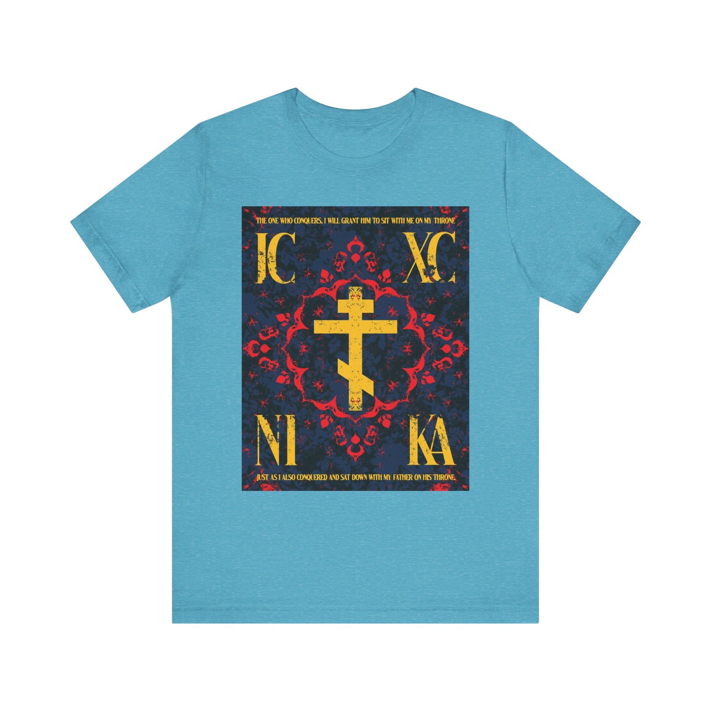 Heather Aqua t-shirt featuring the IC XC NIKA Orthodox Cross with a medieval floral design and “The One Who Conquers” (Revelation 3:21) text. Lightweight cotton, unisex fit, highlighting faith and victory through Christ.