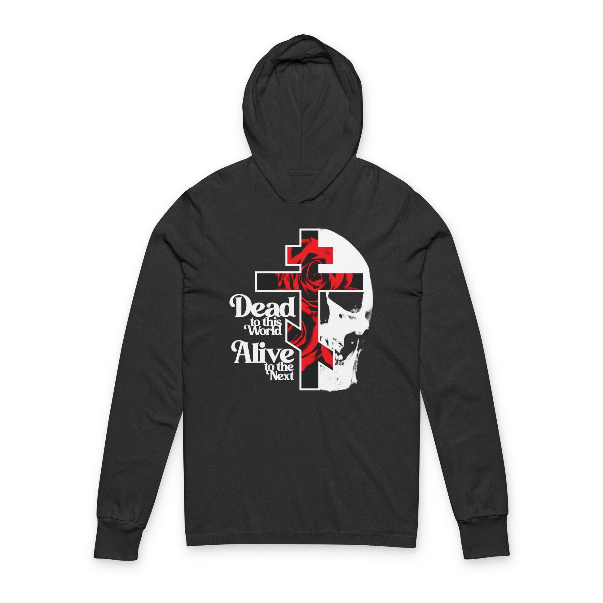 The “Dead to this World” Christian Goth long sleeve hooded shirt features a flower cross, skull, and 70s-style text in charcoal black triblend—bestselling Orthodox design inspired by renunciation from The Ladder of Divine Ascent.