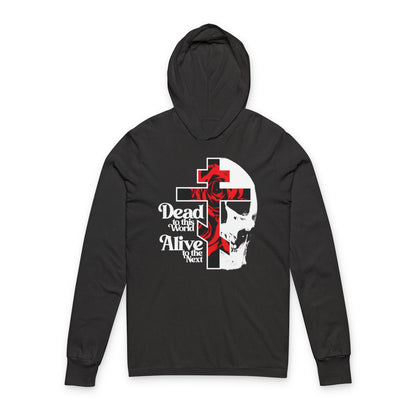 Dead to this World Alive to the Next | Goth Aesthetic Flower Cross & Skull | 70s Typography | Bestselling | Orthodox Long Sleeve Hooded Shirt