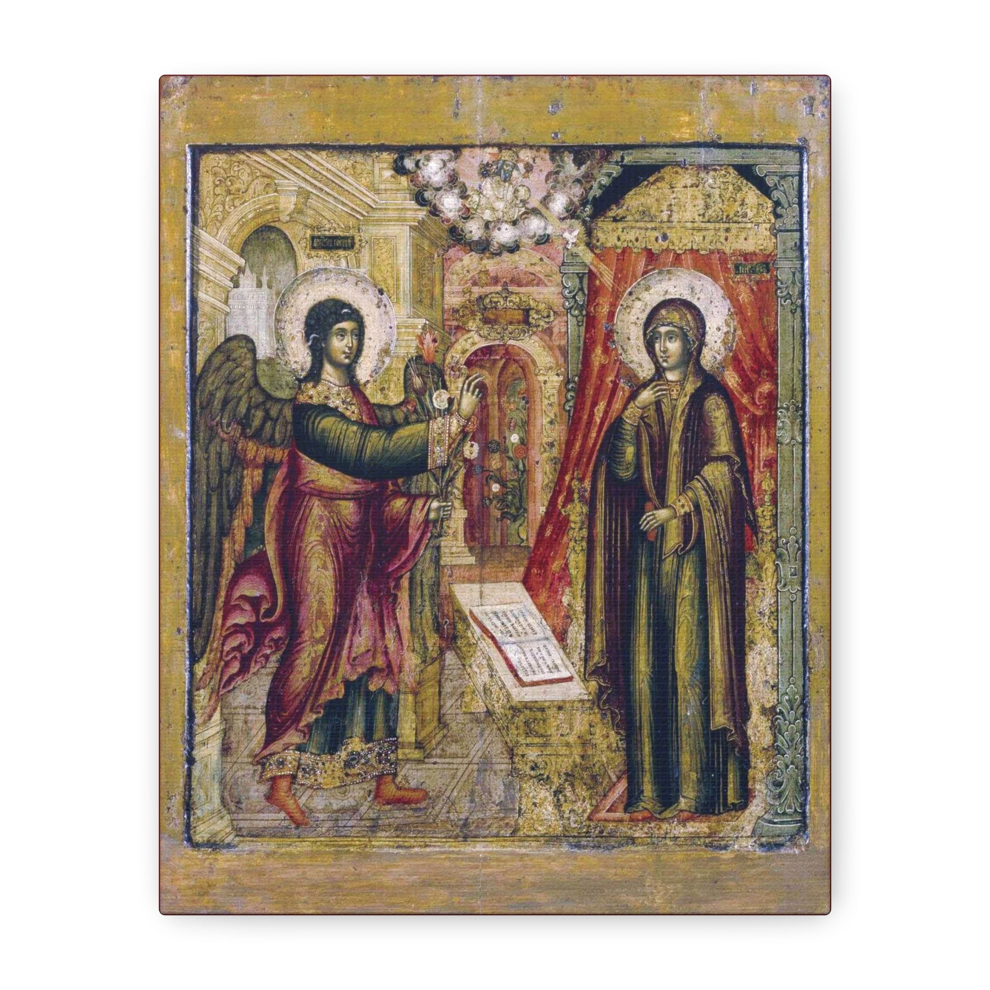 Russian Orthodox Icon of the Annunciation by the Hand of Ivan Maksimov (1670), featuring the Mother of God (Theotokos Mary) and an angel standing indoors, adorned with ornate backgrounds and gold accents; religious canvas wall art.
