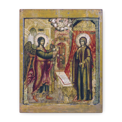 Russian Orthodox Icon of the Annunciation by the Hand of Ivan Maksimov (1670), featuring the Mother of God (Theotokos Mary) and an angel standing indoors, adorned with ornate backgrounds and gold accents; religious canvas wall art.