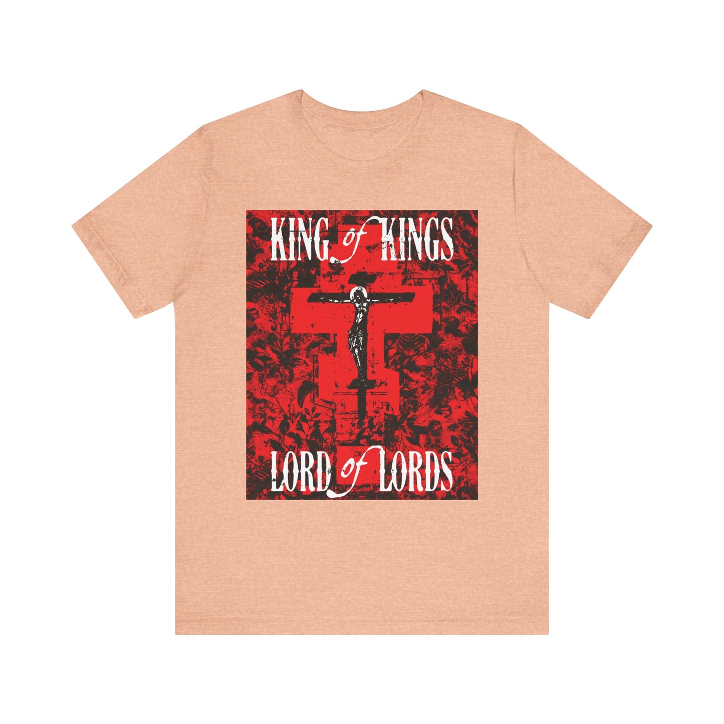 King of Kings, Lord of Lords | Christ Crucified Icono-Graphic | Red Cross Nature Texture w/ White Text | Lightweight Cotton Unisex Tee