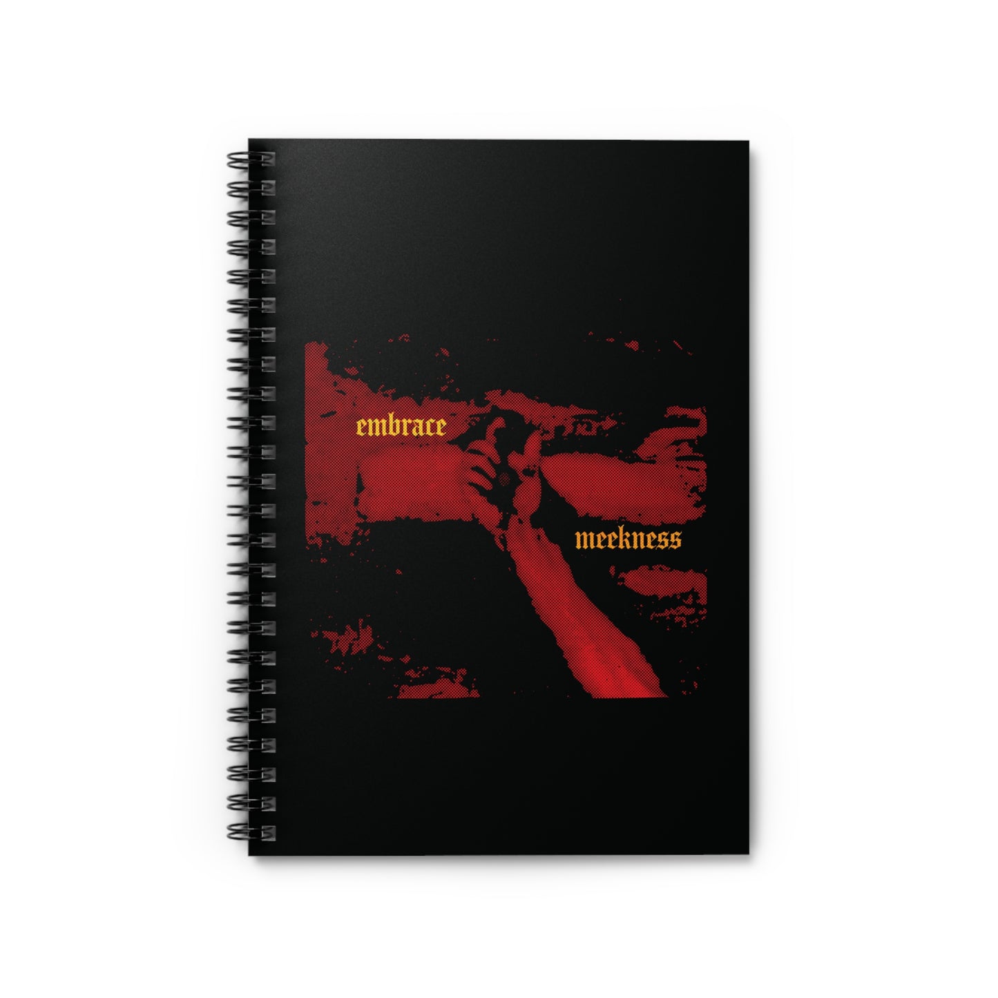 The "Embrace Meekness" spiral notebook features haunting crucified hands of Christ in gothic font—a reminder that the meek shall inherit the earth. Christian-inspired Haltone art for daily inspiration.
