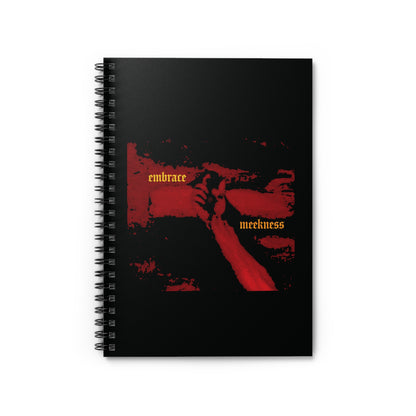 The "Embrace Meekness" spiral notebook features haunting crucified hands of Christ in gothic font—a reminder that the meek shall inherit the earth. Christian-inspired Haltone art for daily inspiration.