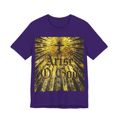 Team Purple "Arise O God" T-shirt features Psalm 81 (82 LXX), a textured gothic font, Orthodox cross, and golden rays—highlighting the Divine Council worldview. Orthodox Christian apparel.