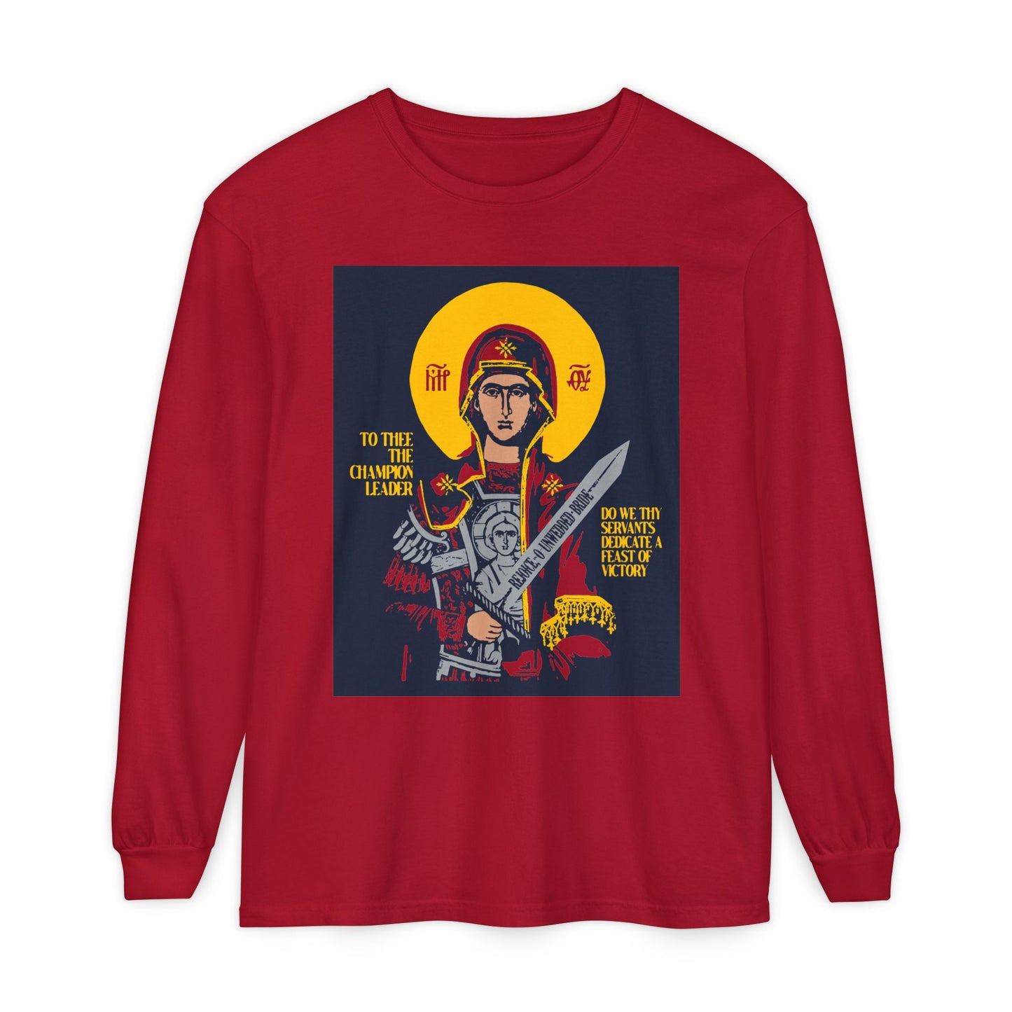 To Thee the Champion Leader | Mother of God | Theotokos with Sword IconoGraphic | Orthodox Christian Long Sleeve Shirt