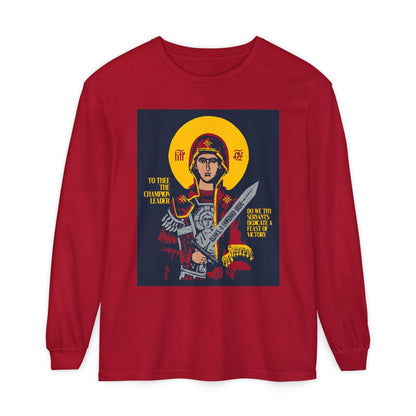 To Thee the Champion Leader | Mother of God | Theotokos with Sword IconoGraphic | Orthodox Christian Long Sleeve Shirt