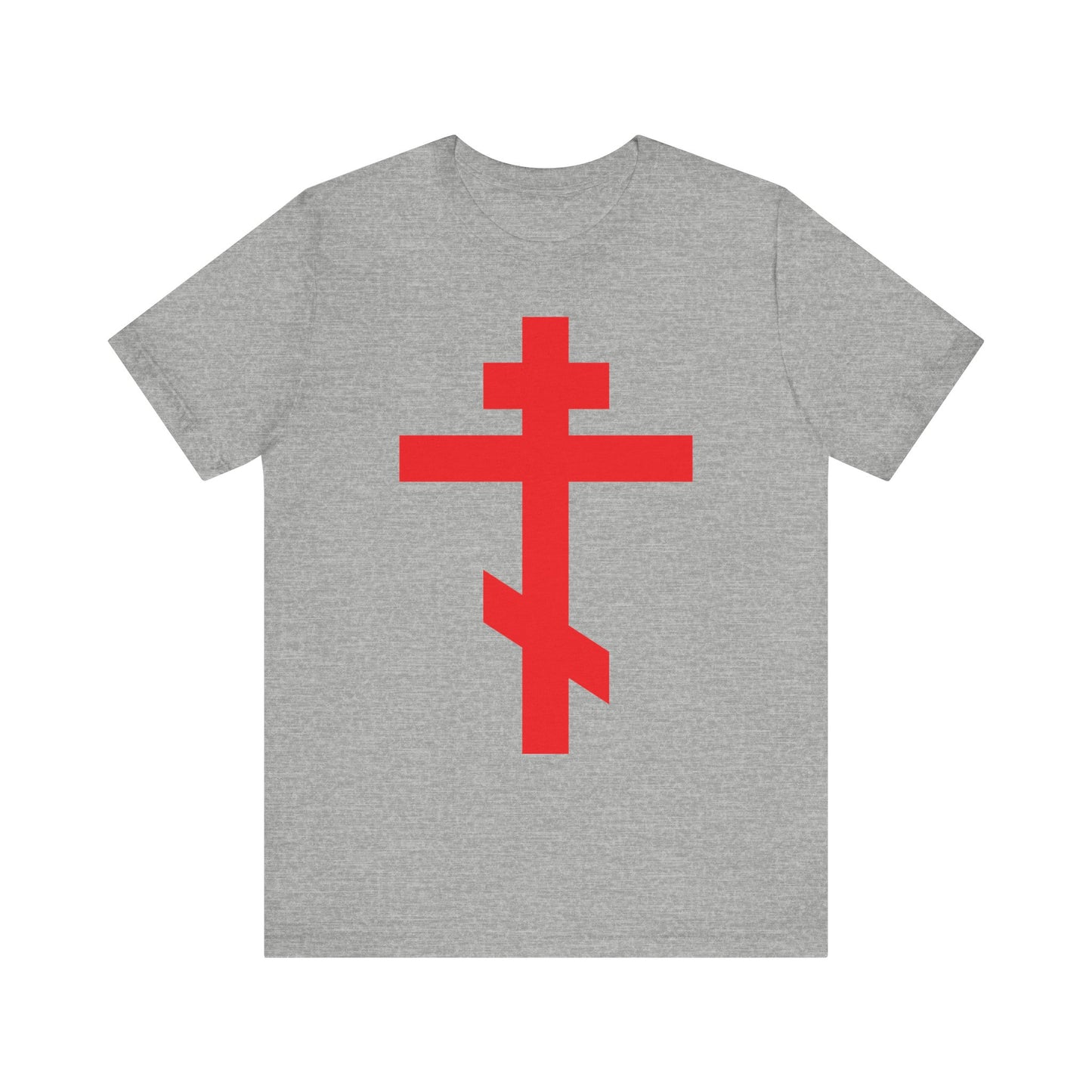 Athletic Heather unisex t-shirt featuring a bright red Orthodox Cross and "Preserve Thy People By Thy Cross, O Lord," inspired by St. John of Kronstadt and the Troparion of the Cross. Lightweight cotton, "Christ is King" design.