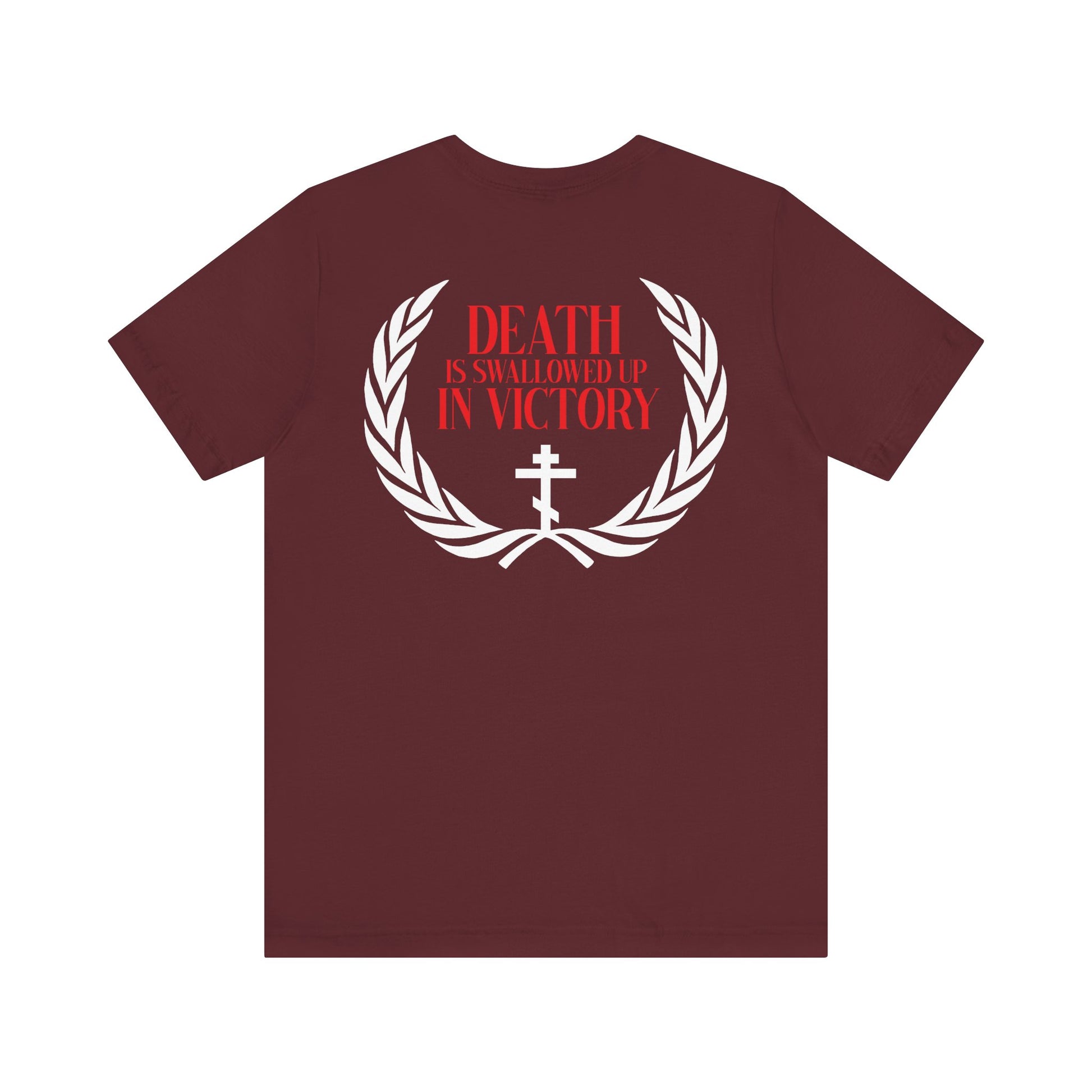 The Archangel Michael of the Apocalypse Iconographic / Death is Swallowed Up In Victory DOUBLE-SIDED Unisex T-Shirt features a maroon design with white laurel, red text, and cross, inspired by the Miracle at Colossae and Revelation 12:7-9.