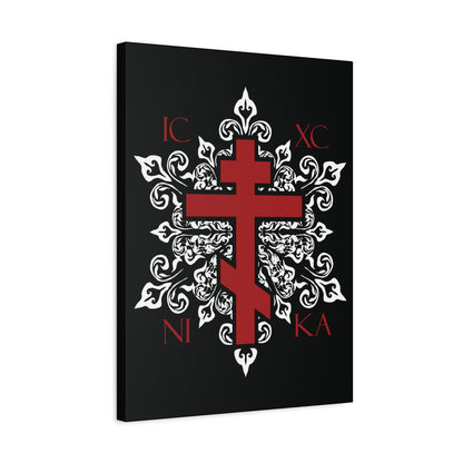 ICXC / NIKA Red Orthodox Cross on Ornate White Medieval Floral Design | Exclusive Best-Selling | Orthodox Christian Canvas Art