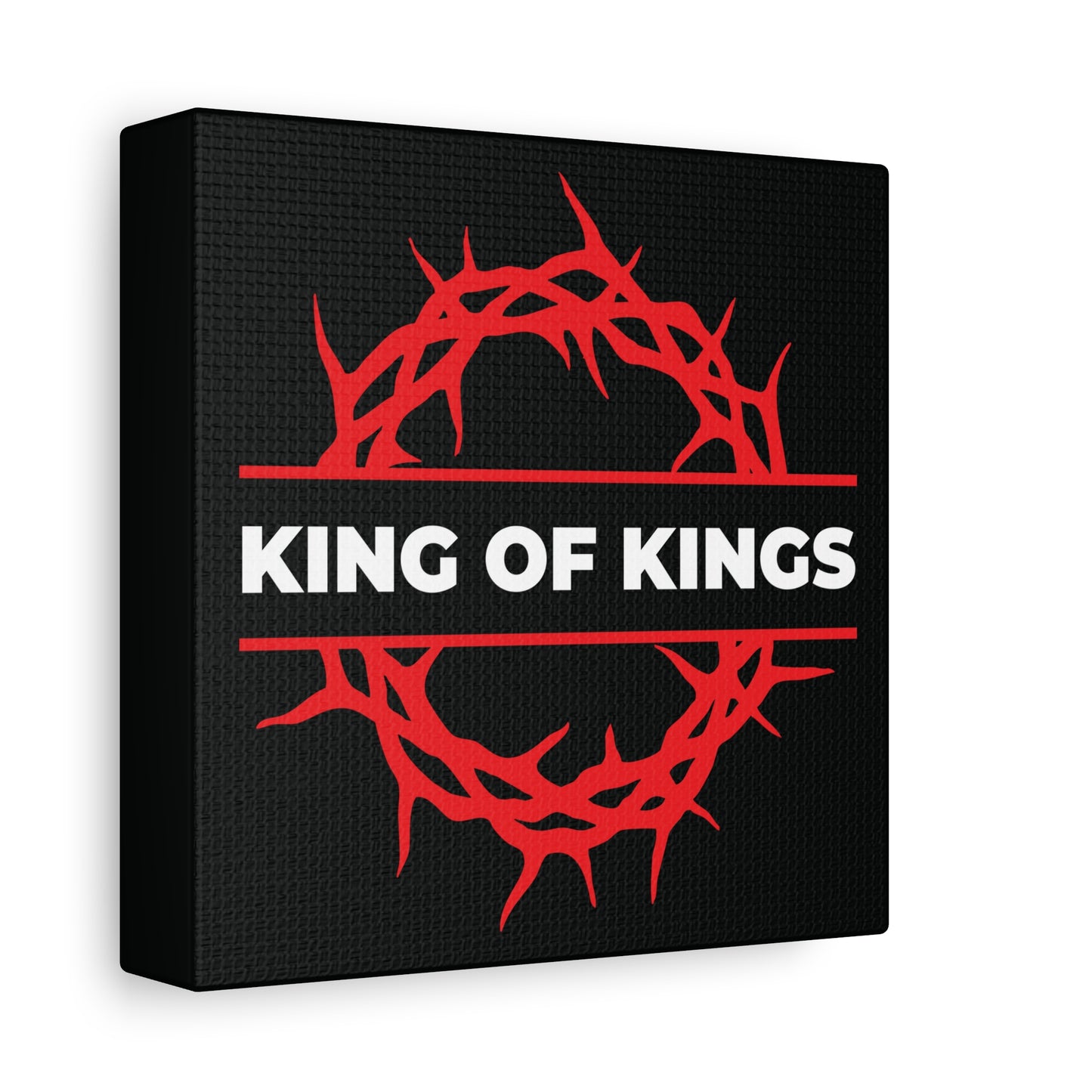 Black canvas featuring a red crown of thorns and bold white "KING OF KINGS" text, inspired by Revelation 19:16. King of Kings Crown of Thorns | The King of Glory | Christ is King | Bold Christian Canvas Art.