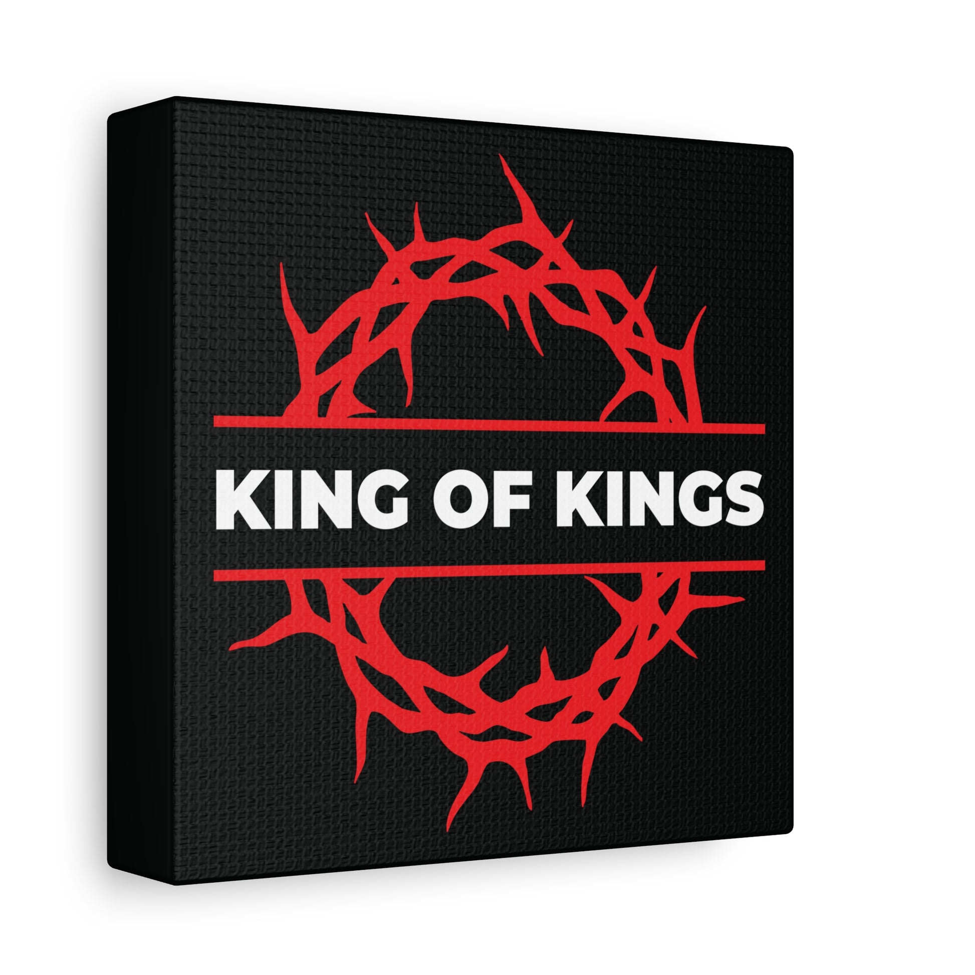 Black canvas featuring a red crown of thorns and bold white "KING OF KINGS" text, inspired by Revelation 19:16. King of Kings Crown of Thorns | The King of Glory | Christ is King | Bold Christian Canvas Art.