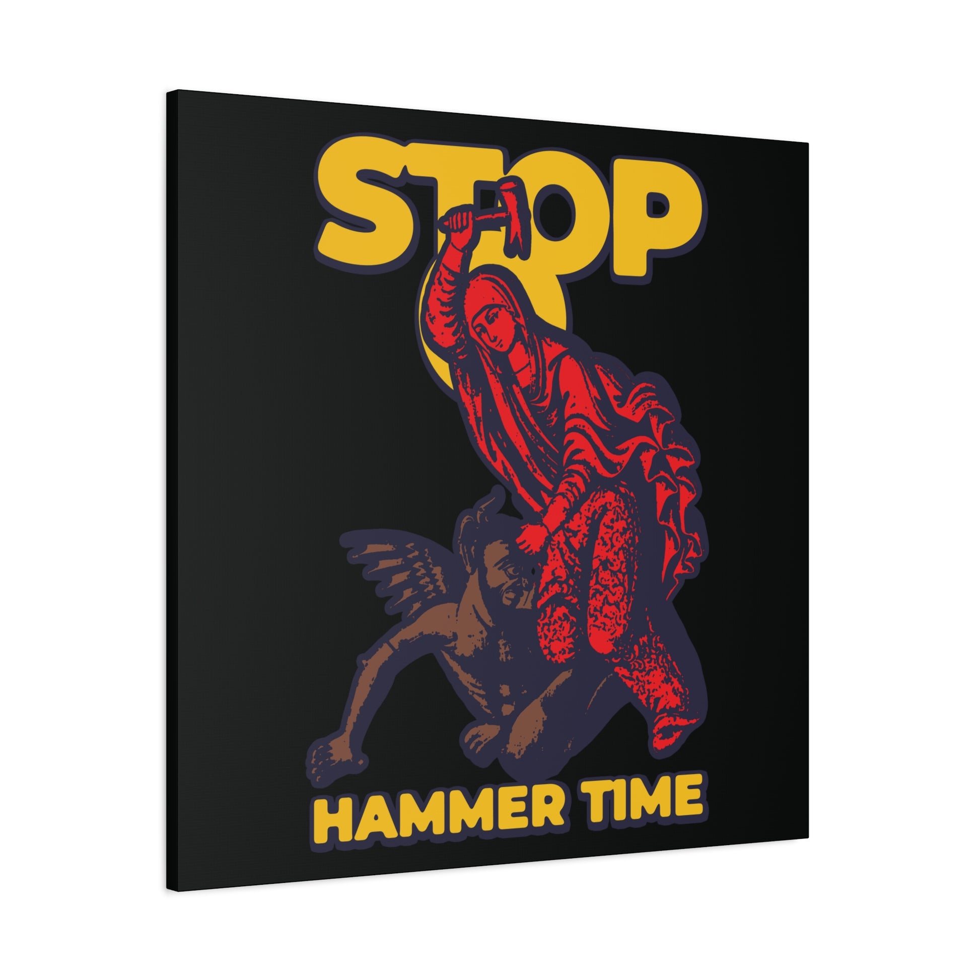 Modern Orthodox meme wall art titled "St Marina of Antioch Beating the Devil with a Hammer | Stop, Hammer Time" features bold red, blue, and yellow colors for a playful take on Christian imagery.