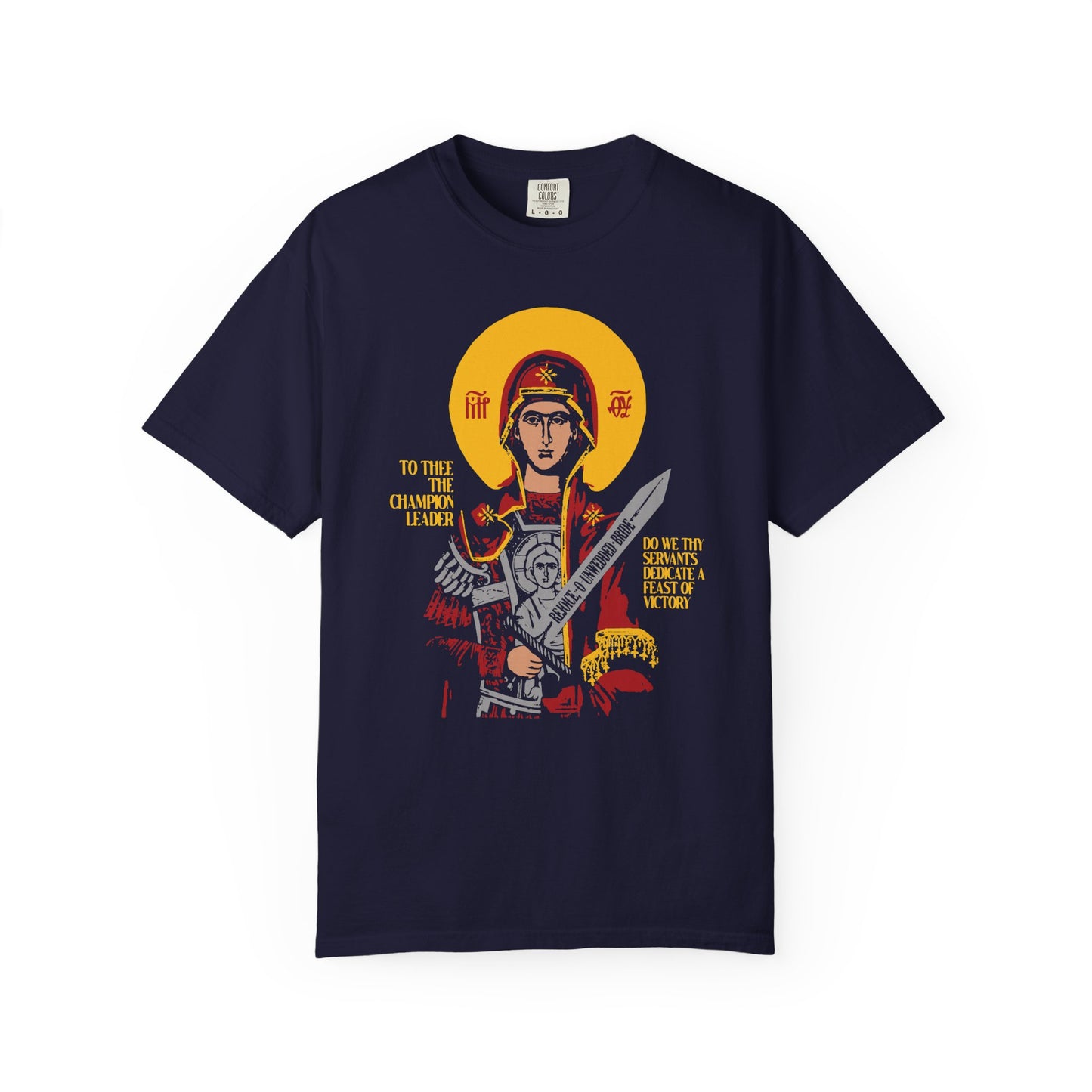 True Navy heavyweight cotton unisex Orthodox T-shirt—features the Theotokos with sword illustration, yellow halo, Greek text, and “To Thee the Champion Leader” iconographic design.