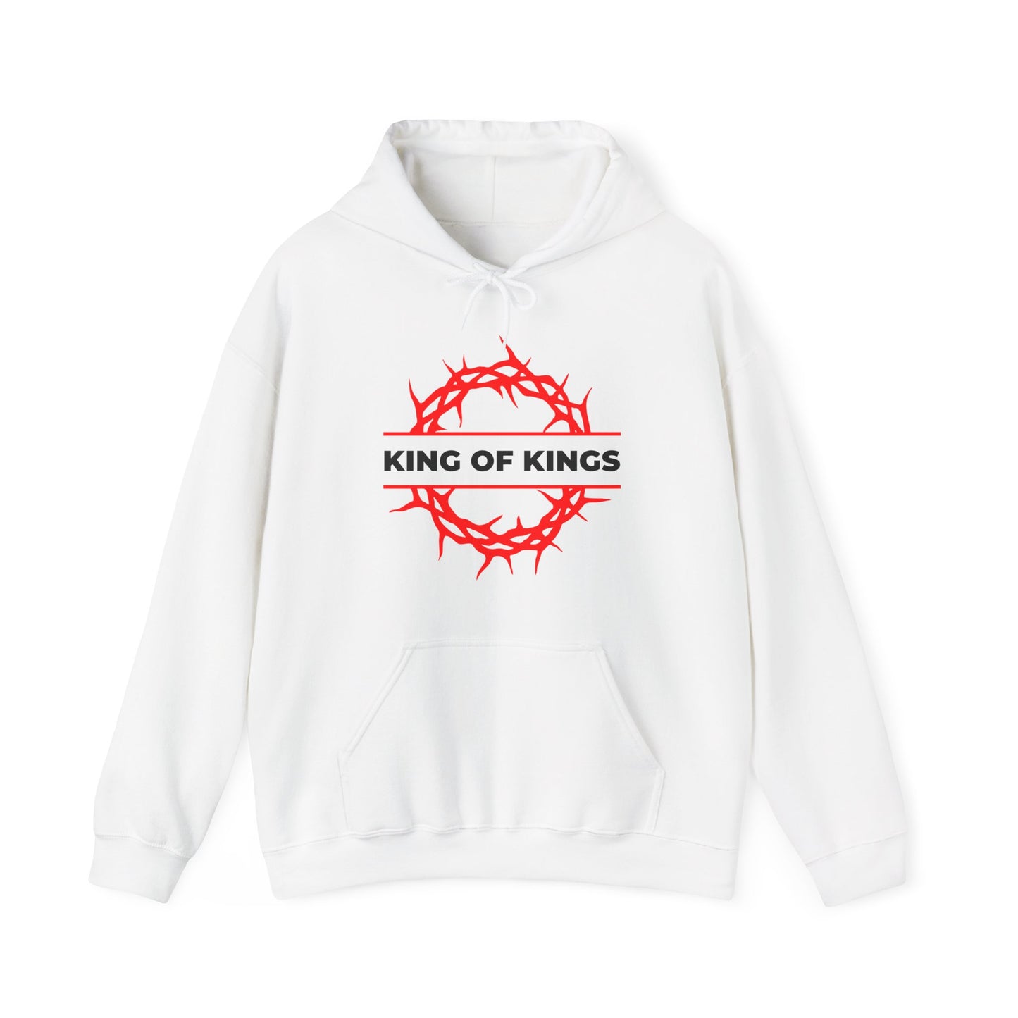 White "King of Kings Crown of Thorns" hoodie featuring a red crown graphic and text, inspired by Revelation 19:16. Christ is King—Orthodox Christian apparel, The King of Glory design.