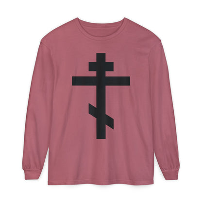 Crimson long-sleeve shirt with a bold black Orthodox cross on the front, inspired by Galatians 6:14: "May I never boast, except in the cross of our Lord Jesus Christ.