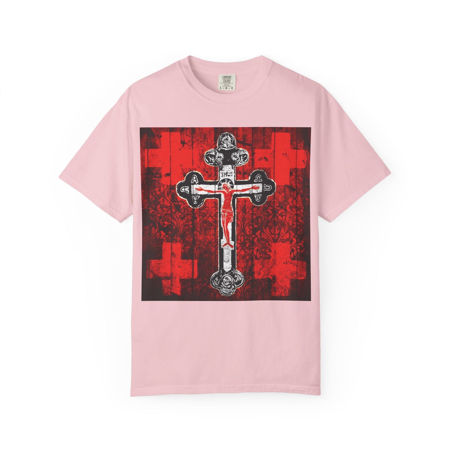 Blossom-colored Alpha & Omega Art Cross t-shirt featuring a striking red, white, and black Crucifix Orthodox iconographic design inspired by the Adoration of the Precious and Life-Giving Cross during Great Lent, printed on heavyweight cotton for a unisex fit.