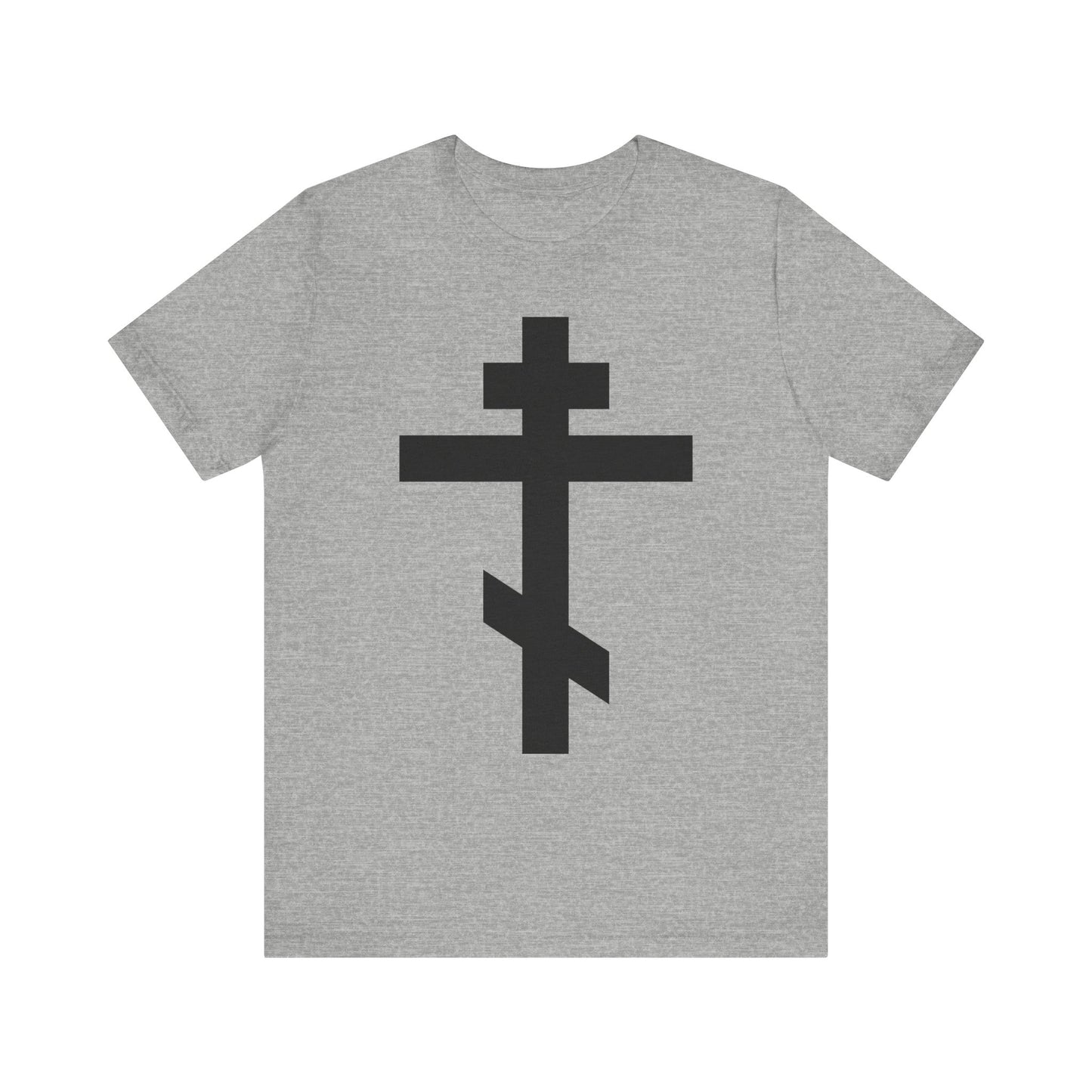 Athletic Heather tee featuring a large black Orthodox cross inspired by St John Chrysostom's Commentary on Galatians. "He bore our sins on the cross so that we might die to sin & live to righteousness." Lightweight cotton, unisex fit.