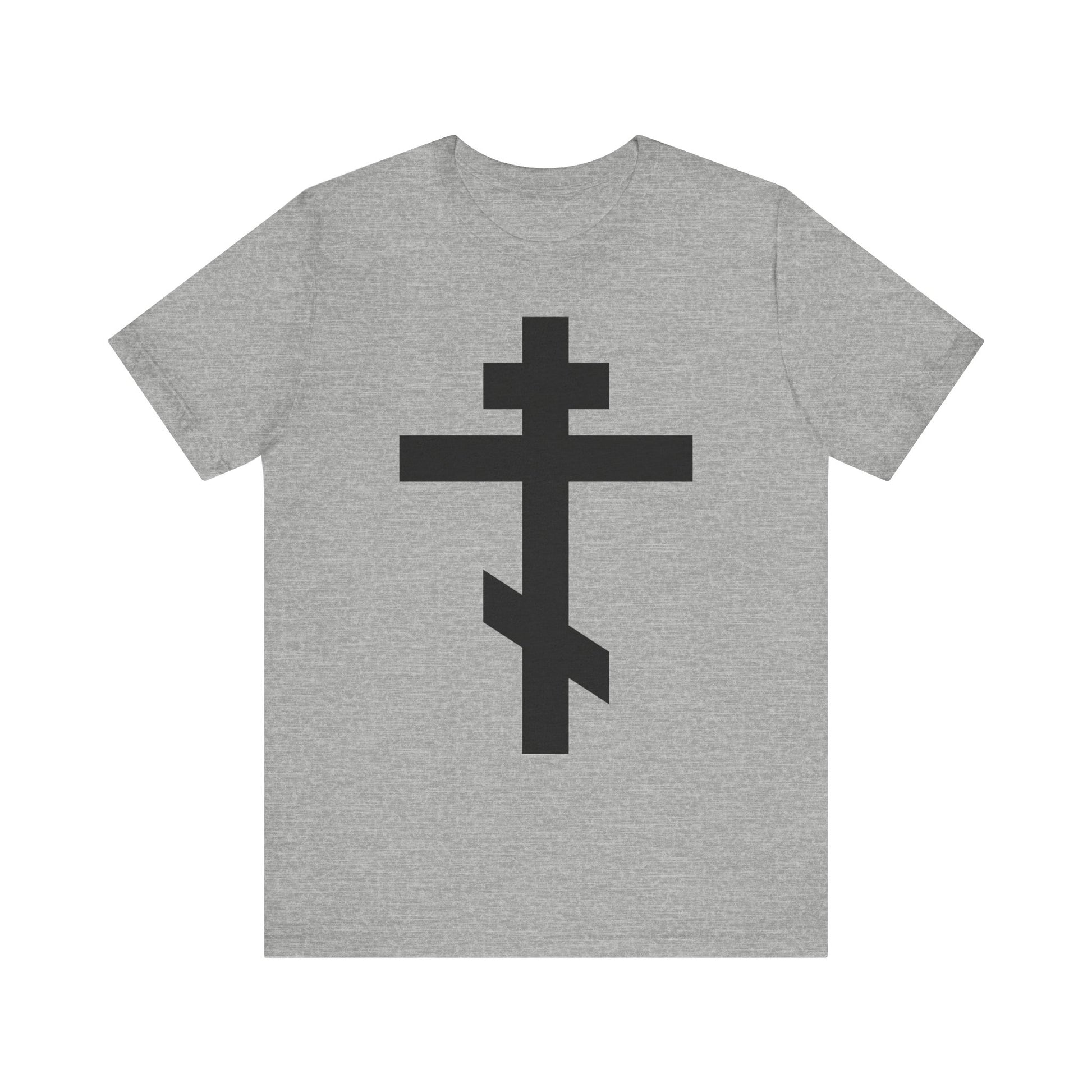Athletic Heather tee featuring a large black Orthodox cross inspired by St John Chrysostom's Commentary on Galatians. "He bore our sins on the cross so that we might die to sin & live to righteousness." Lightweight cotton, unisex fit.