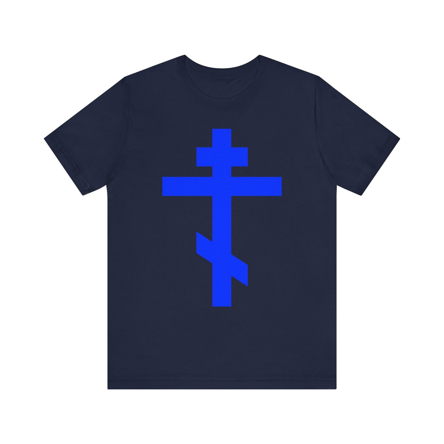 Navy "Royal Blue Orthodox Tribar Cross" lightweight cotton unisex tee featuring a large blue Eastern Orthodox cross centered on the front—a timeless symbol of salvation and devotion to the Lord, inspired by the phrase "Preserve Thy People By Thy Cross, O Lord.