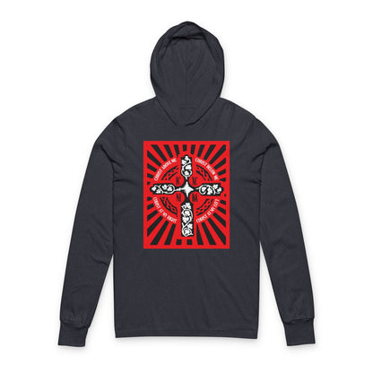 Red ICXC NIKA Enniskillen Celtic Cross | Lorica of St. Patrick | Shield Prayer | Orthodox Christian Long Sleeve Hooded Shirt