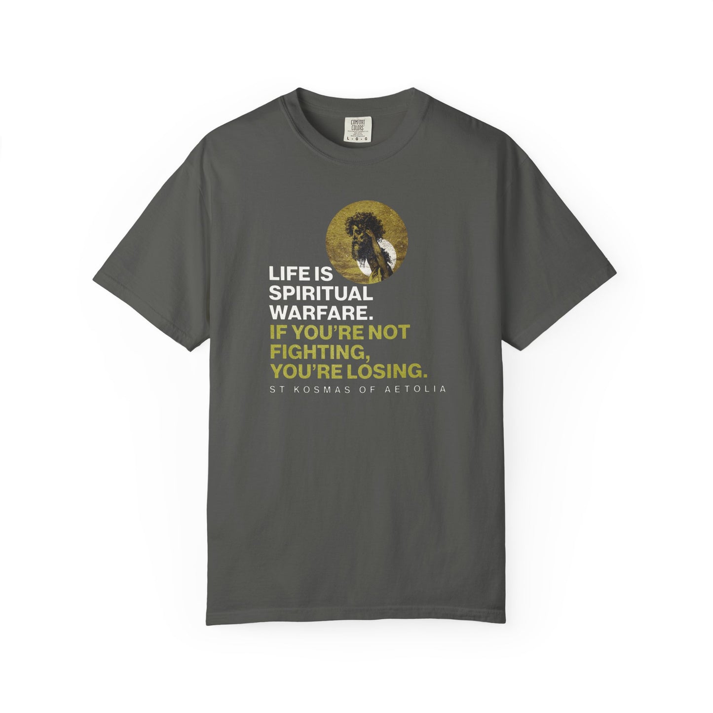 Pepper-colored heavyweight cotton tee featuring St Kosmas of Aetolia and Gustave Dore’s David & Goliath with the quote: “Life is spiritual warfare. If you’re not fighting, you’re losing.” Orthodox unisex fit.