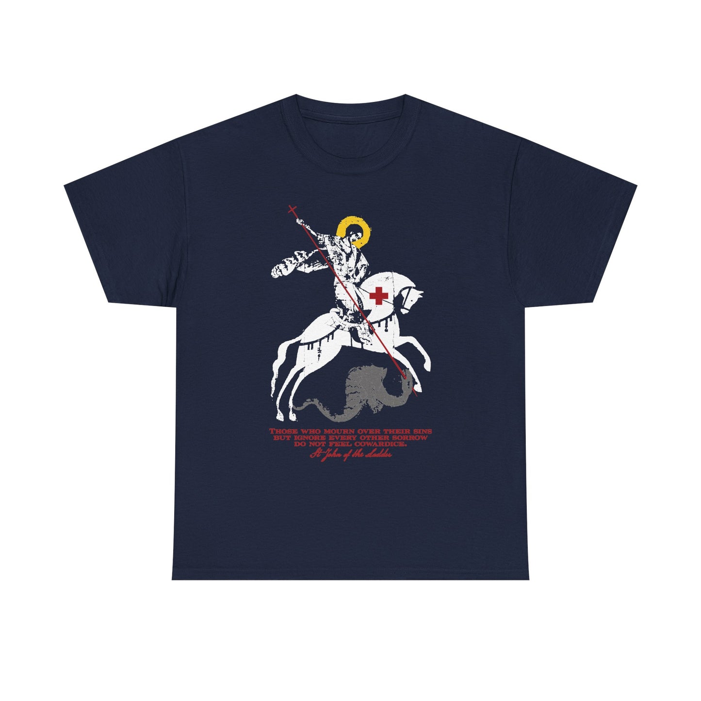 Navy “Those Who Mourn Over Their Sins” unisex midweight cotton tee featuring a St George Slaying Dragon graphic and a quote inspired by St John Climacus’s teachings on mourning, in red and white text.