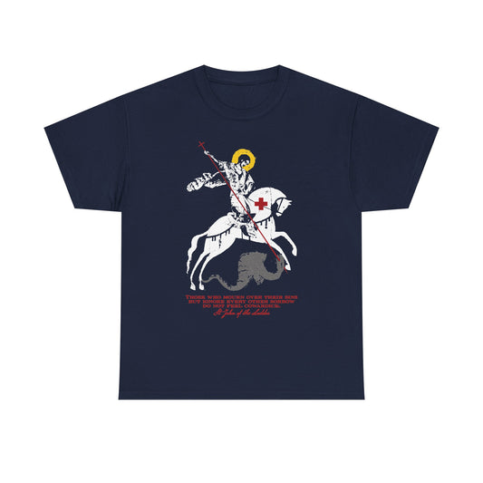 Navy “Those Who Mourn Over Their Sins” unisex midweight cotton tee featuring a St George Slaying Dragon graphic and a quote inspired by St John Climacus’s teachings on mourning, in red and white text.