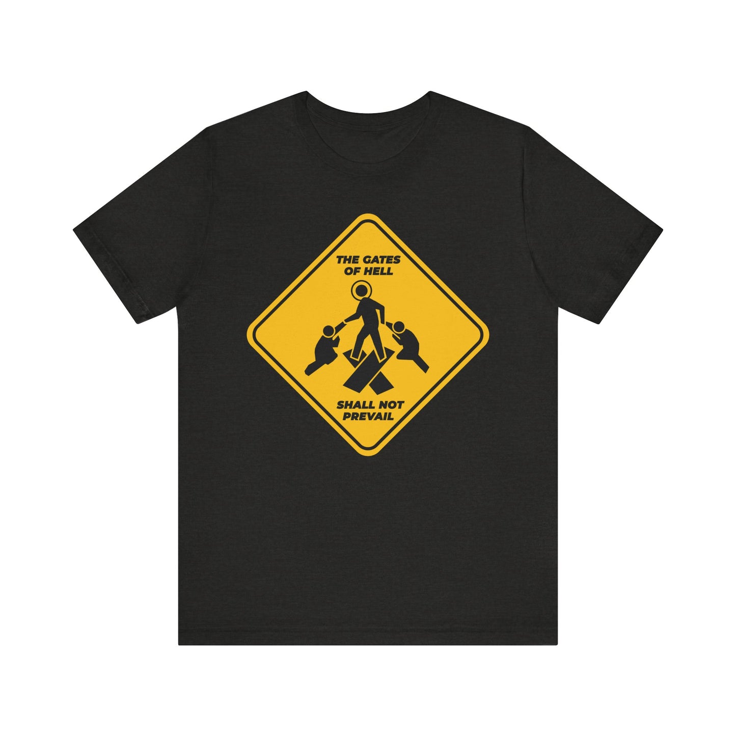 Black Heather unisex tee featuring a yellow street sign with “The Gates of Hell Shall Not Prevail,” minimalist Pascha iconography, and a subtle reference to Isaiah 45:2-3. Lightweight cotton for comfort.