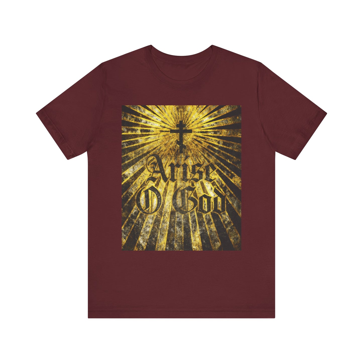 Maroon Arise O God t-shirt featuring Psalm 81 (82 LXX), golden rays, an Orthodox cross, and textured Gothic font—lightweight cotton unisex design inspired by the Divine Council theme.