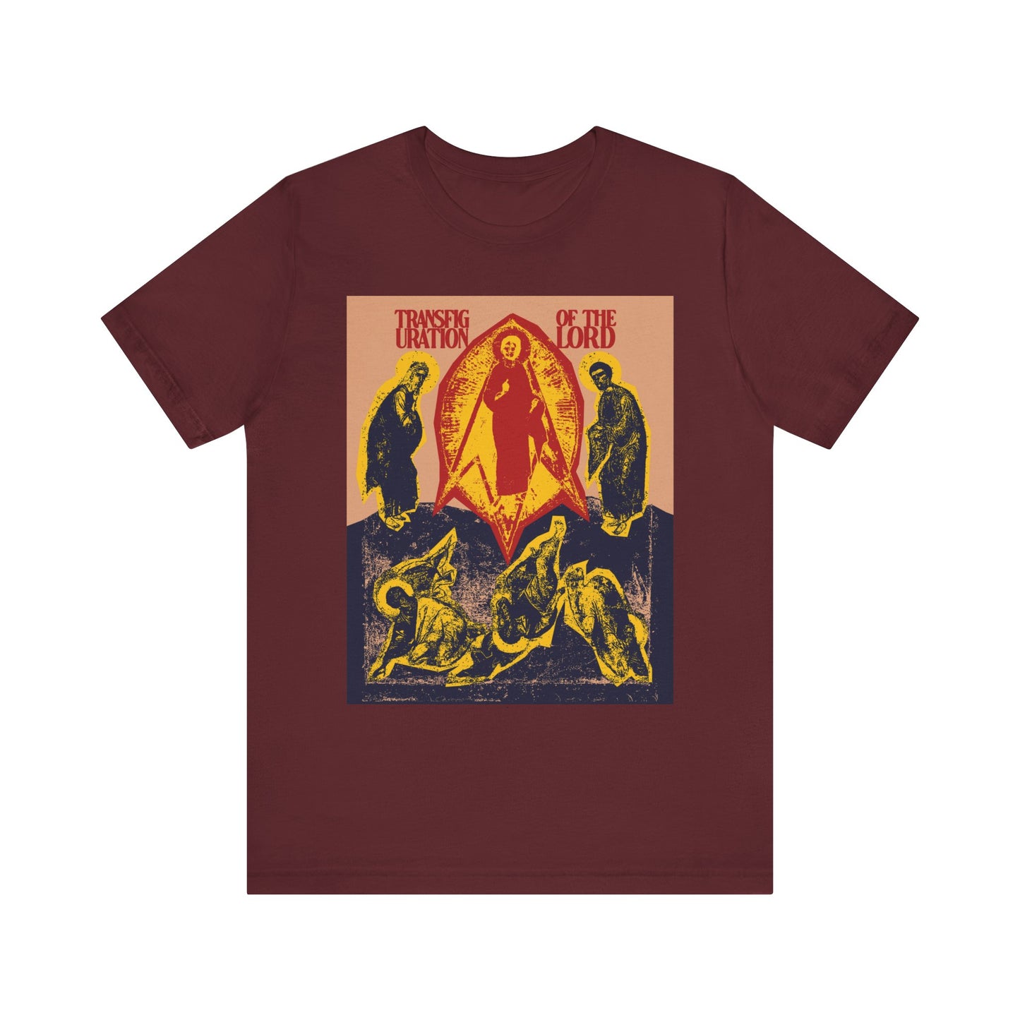 Maroon "Transfiguration of the Lord Icono-Graphic" tee with punk zine cut out aesthetic, inspired by the Orthodox Troparion. Lightweight cotton unisex shirt featuring yellow, red, and black figures.