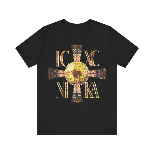ICXC NIKA Celtic Style Equal Armed Cross | Bright Solar Texture | Orthodox Christian T-Shirt
