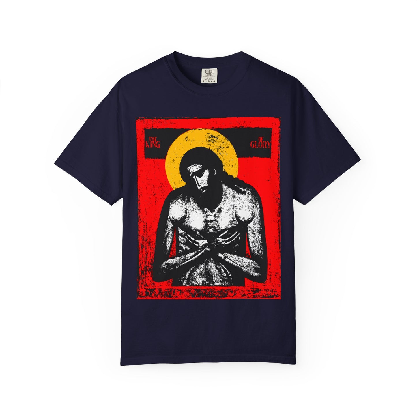 True Navy unisex heavyweight cotton tee featuring "The King of Glory Jesus Christ 'Extreme Humility'" iconographic art, with a haloed Christ before a red, yellow, and white background—devotional design inspired by Isaiah 53.