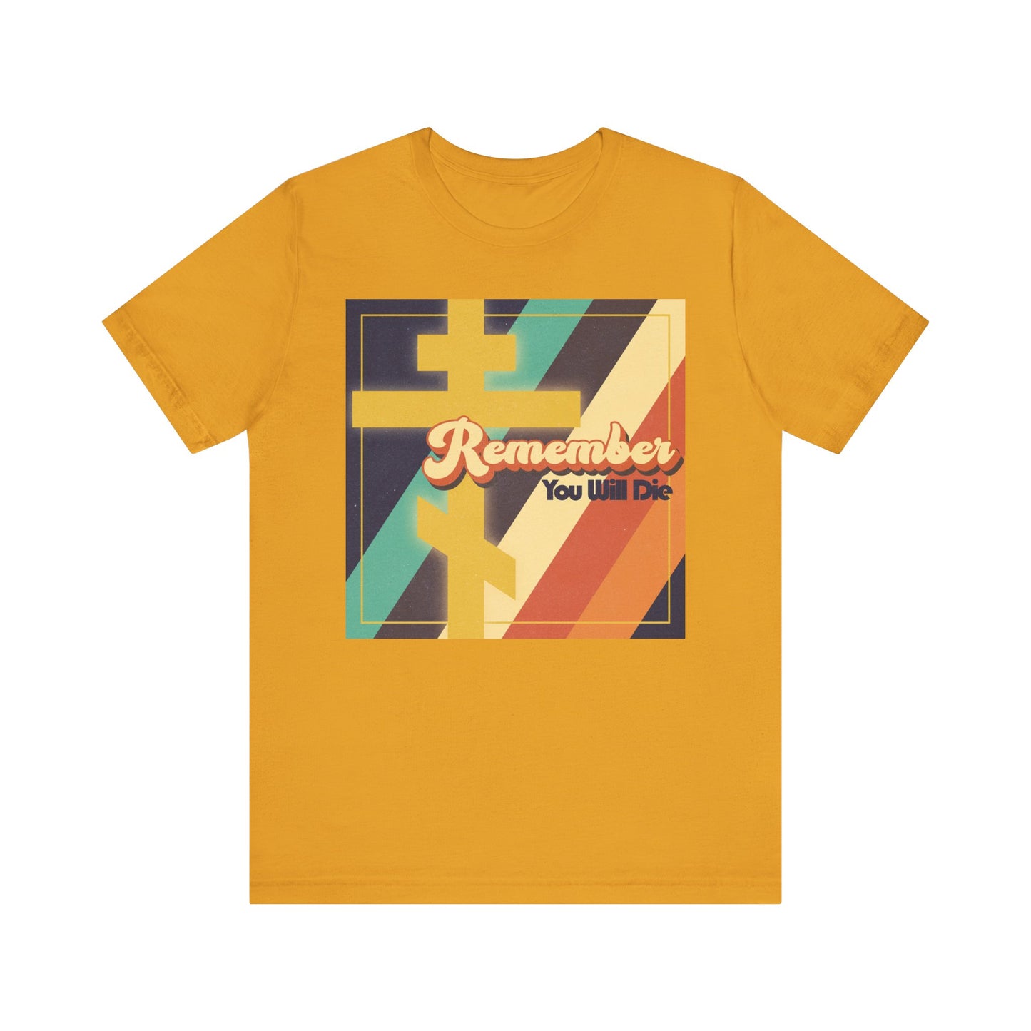 Mustard t-shirt featuring the Remember You Will Die design with 70s-inspired colorful retro American typography and an Orthodox cross, crafted in lightweight cotton. This unisex tee draws inspiration from Tone 1 Tuesday Matins and the journey of the prodigal, combining bold Christian symbolism with vintage style.