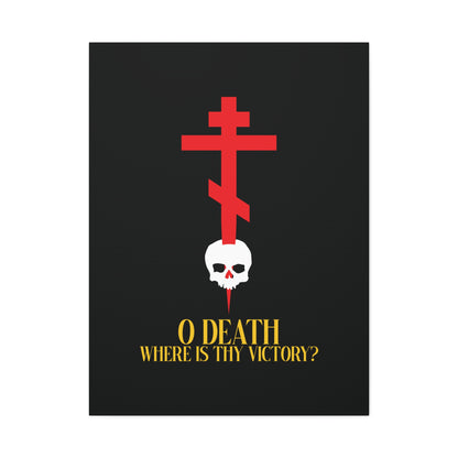 O Death Where is Thy Victory? (1 Corinthians 15:55) | Cross Stabbing Skull | Yellow Text | Orthodox Christian Canvas Art