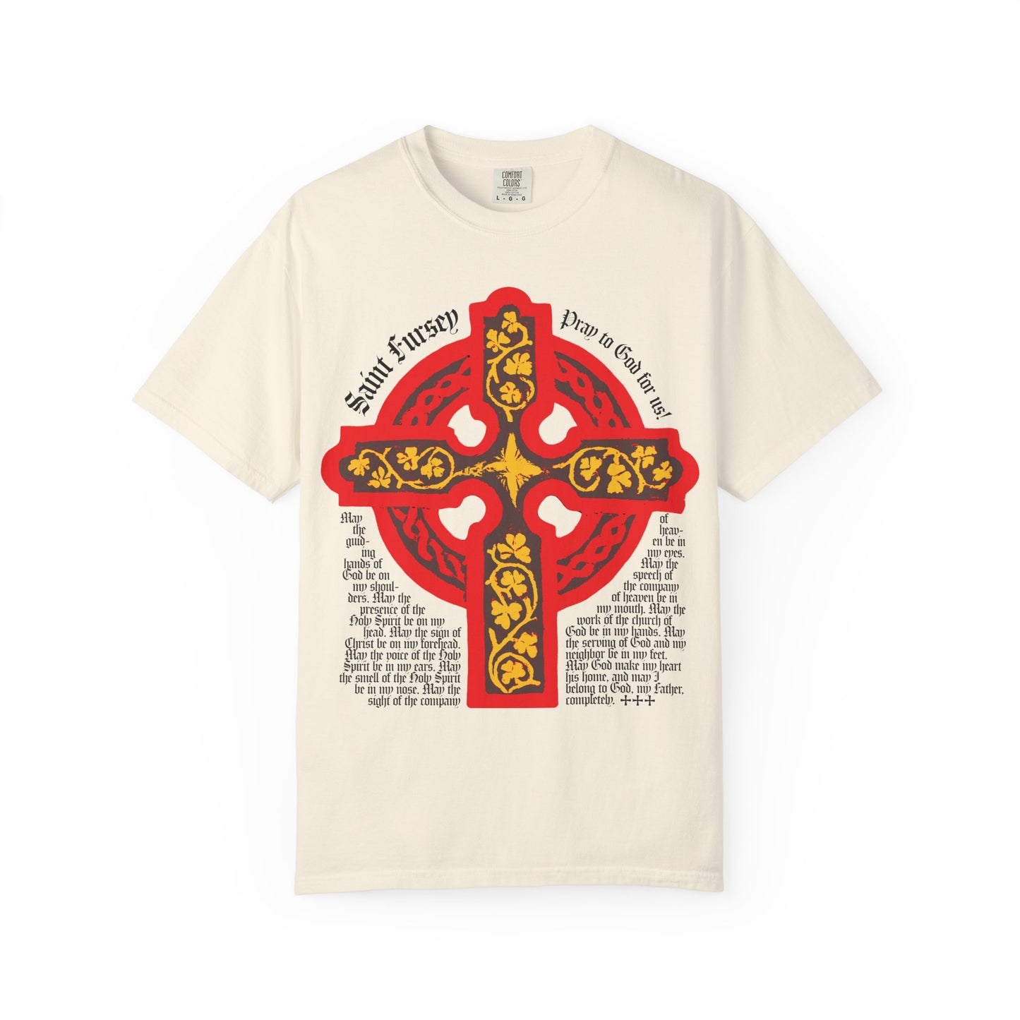 Ivory Lorica Shield Prayer of St Fursey tee featuring a bold red and yellow Celtic cross and text inspired by ancient Irish Orthodox prayers on heavyweight unisex cotton.