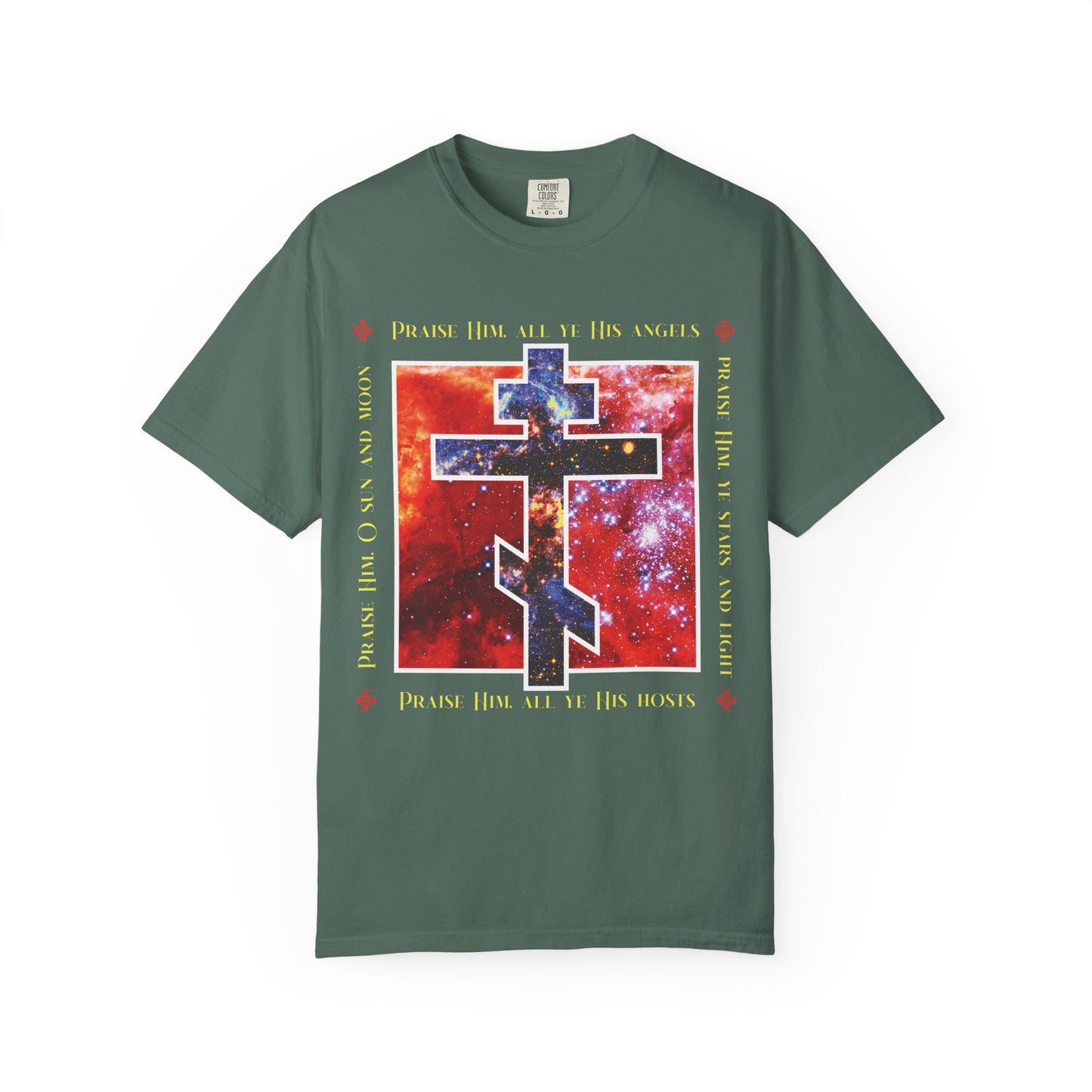 Praise Him All Ye His Angels, Praise Him Ye Stars and Light | Cosmic Orthodox Cross | Divine Council | Heavyweight Cotton Unisex Tee