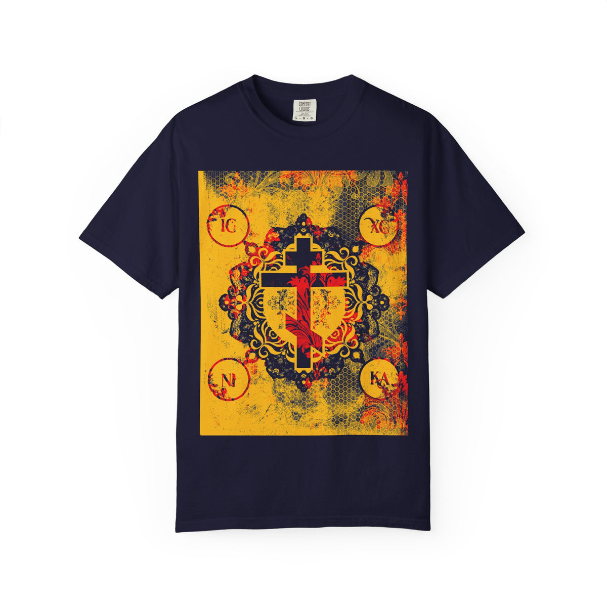 True Navy IC XC NIKA Orthodox Cross T-shirt with a yellow and red cross design.