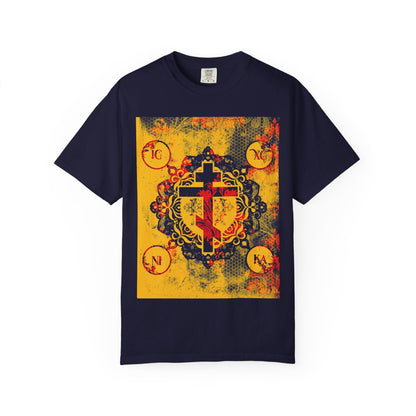 True Navy IC XC NIKA Orthodox Cross T-shirt with a yellow and red cross design.