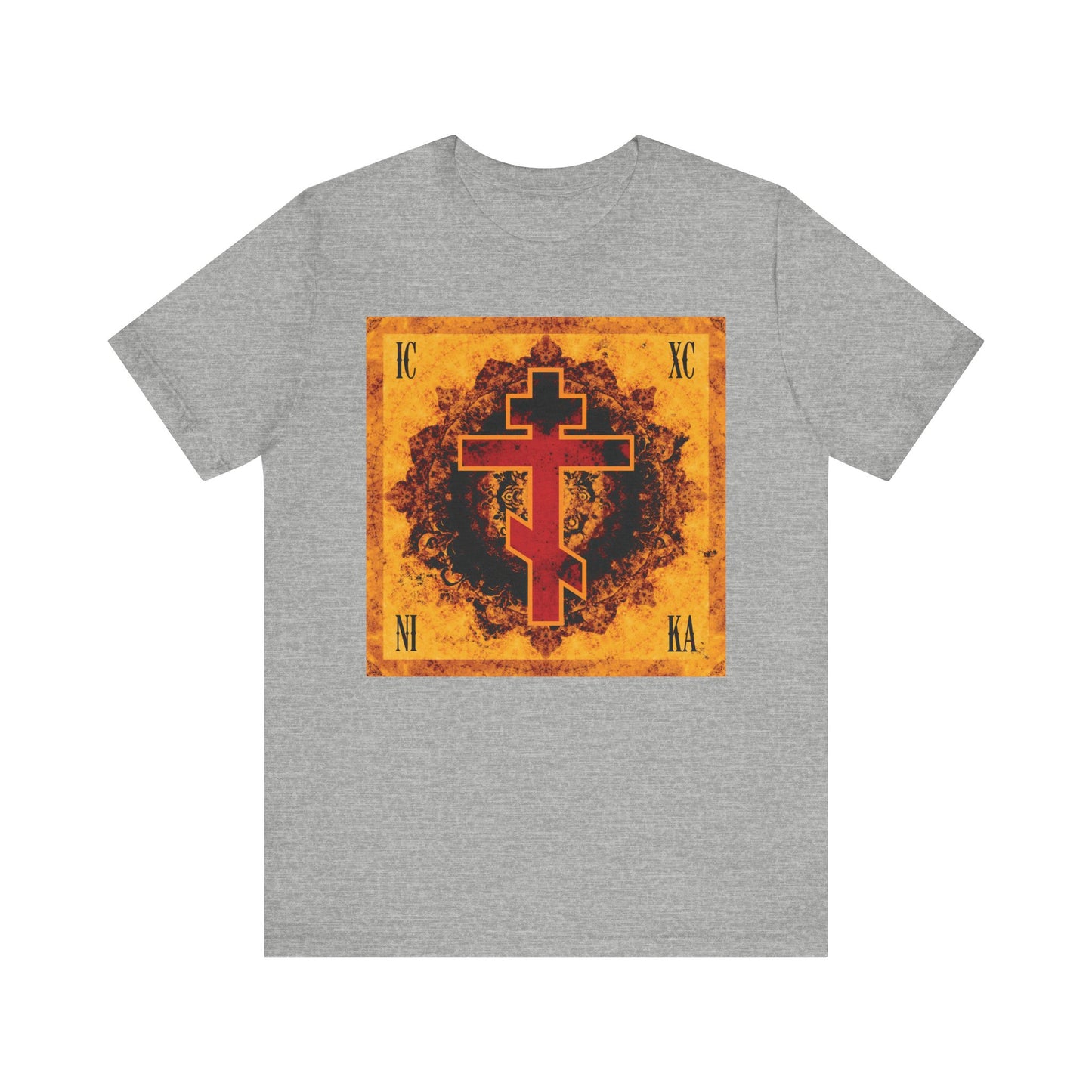 Athletic Heather unisex lightweight cotton T-shirt featuring a bright orange distressed square with an ornate red Orthodox ICXC NIKA cross, inspired by the theme of the Elevation of the Precious Cross.