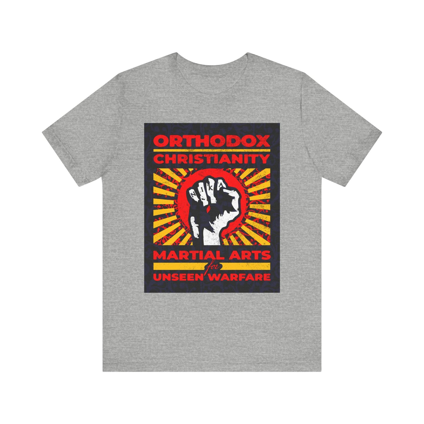 Athletic Heather unisex tee featuring the NIKA Jesus Fist and colorful sunburst design, with “Orthodox Christianity: Martial Arts for Unseen Warfare” in red and yellow—a tribute to the spiritual struggle and Christian virtue championed by Archbishop Averky.