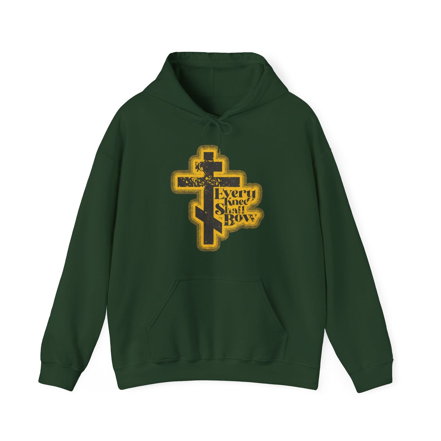 Forest green hoodie featuring a yellow distressed cross, "Every Knee Shall Bow," and comic book halftone style. Inspired by Philippians 2:10-11 & Isaiah 45:23, this Orthodox Christian hoodie boldly declares Jesus Christ is Lord.